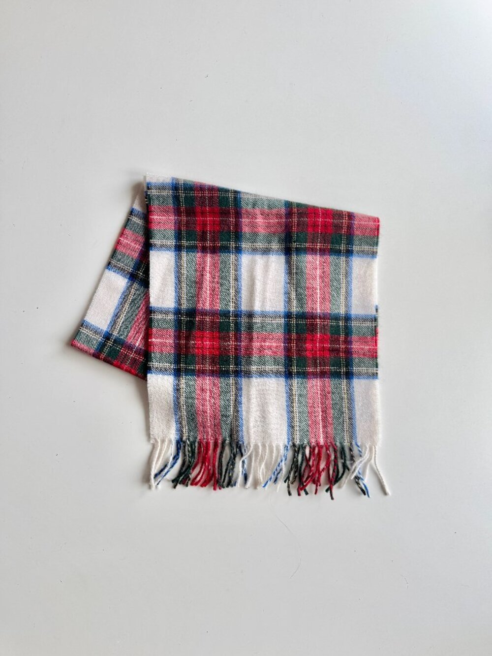 Vintage Made in West Germany White Red Tartan 100% Wool Fringed Rectangle Scarf